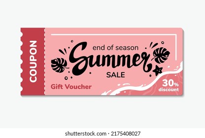 Summer end voucher coupon with lettering, logotype, print, label. Summer sales design template, vector illustration. Discount label with monstera leaves.
