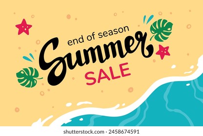 Summer end voucher lettering. Summer sales coupon design template. Vector Discount illustration with monstera leaves. Sandy beach with sea waves. Summer banner, beach background. Vacation concept