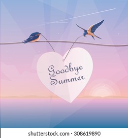 Summer ending concept vector illustration with two cute swallow birds holding goodbye summer paper heart message on a ocean view purple sunset evening