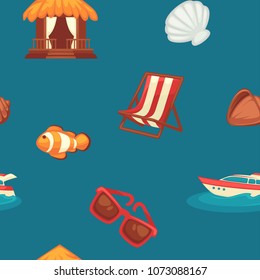 Summer endless texture with attributes for vacation at seaside