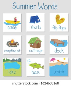 Summer English Vocabulary Word Flash Cards. Words For Canadian Cottage Culture: Canoe, Shorts, Flip Flops, Campfire Pit, Dock, Lake, Bass, Beach. Use For Kids, Teaching, ESL, English, Language, Child