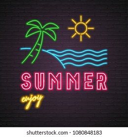 Summer Enjoy Party Neon Light Glowing Vector Illustration Palm Tree, Sun, Sea Element with Dark Background