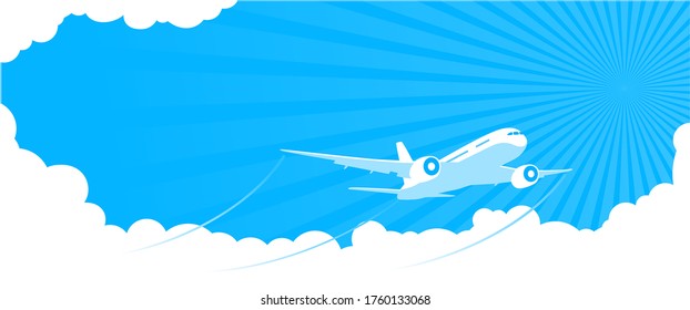 Summer entertaining airplane flight through blue sky with clouds. Space for flyer advertisement text. Illustration, vect