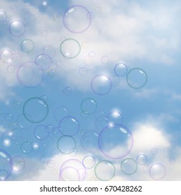 Summer entertainment of children soap bubbles, vector illustration of sky and bubbles.