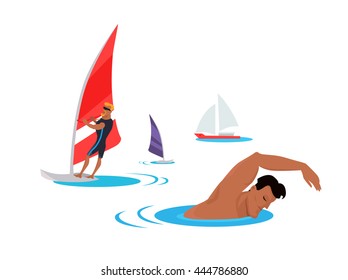 Summer entertainment concept illustration. Vector flat design. Active vacation on tropical sunny seaside. Water sport. Swimming and windsurfing on the coast in flat design. On white background.