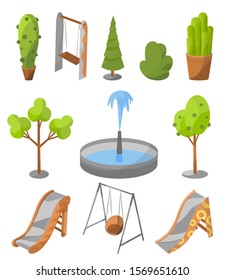 Summer entertainment, recreation infrastructure element. Isometric module with a park of trees from the vector architecture. Playground illustration. Small fountain, ornamental trees, slides, swings