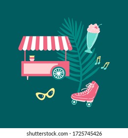 Summer entertainment set on colorful background. Cute ice cream cart, palm leaf, sunglasses, musical notes, roller skates, milkshake. Flat cartoon vector illustration.