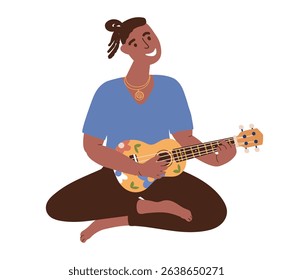 Summer entertainment .Young man is playing a ukulele. Vector illustration on a white background