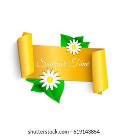 Summer environmental banner on a white background. A twisted yellow ribbon with fresh leaves and flowers. Background for your text or project. Bright and busy season of the year. Merry festival