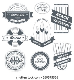 Summer equipment set label template of emblem element for your product or design, web and mobile applications with text. Vector illustration with thin lines isolated icons on stamp symbol.