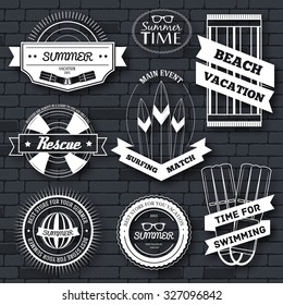 Summer equipment set label template of emblem element for your product or design, web and mobile applications with text. Vector illustration with thin lines isolated icons on stamp symbol.