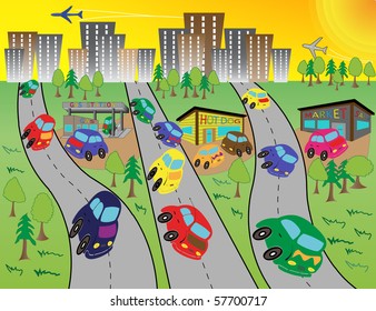 Summer escape from overheated town by cars.