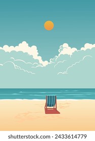 Escape de verano. Tumbona en una playa de arena. Ilustración vectorial para cubiertas, impresiones, carteles