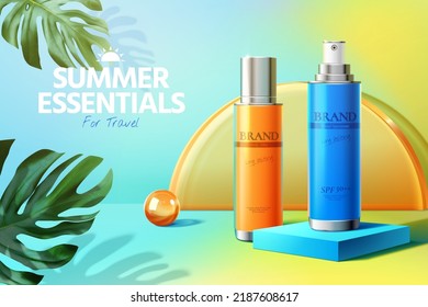 Summer Essential Cosmetic Product Ad, Orange And Blue Sunscreen Bottle Mock-up Over Square Podium And Glass Disk In Background With Tropical Leaves, 3d Illustration