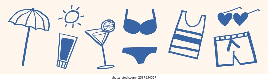 Summer essentials: beach umbrella, sun, swimsuit, cocktail, and sunglasses. Perfect for a sunny day. Enjoy summer with these essentials. Doodle illustrations, vector set.