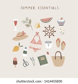 Summer essentials greeting card. Set of cute vacation lifestyle, food icons. Bikini swimwear, lavender flower, straw hat, flip-flops, lemons, watermelon fruit.  Vector illustrations, flat design