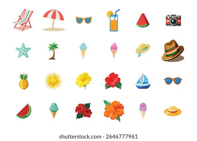 Summer Essentials Icon Set – 24 Tropical-Themed Symbols Featuring Ice Cream, Hibiscus, Hats, and Fruits