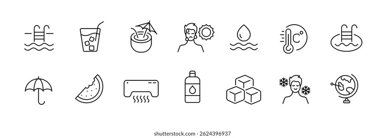 Conjunto de ícones do Summer essentials: coleção de esboços minimalista para atividades e refrescos com clima quente