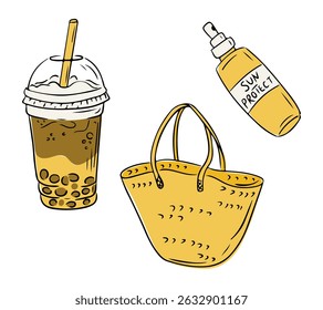 Summer essentials including a cold bubble tea, straw bag and sunscreen bottle hand drawn in simple flat style. Concept of vacation, relaxation and sunny lifestyle accessories