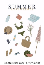 Summer essentials set for beach. Vector illustration.