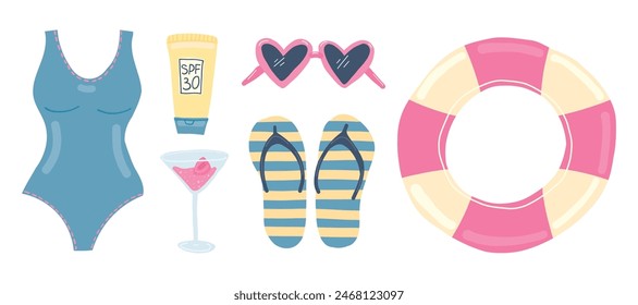 Summer essentials: swimsuit, sunscreen, heart sunglasses, flip-flops, drink, and life preserver