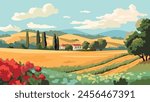 Summer European landscape with houses, green hills and fields. Vector illustration. Flat design poster. Summer village. Italian countryside. Country houses