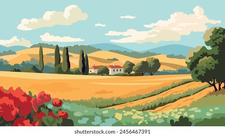 Summer European landscape with houses, green hills and fields. Vector illustration. Flat design poster. Summer village. Italian countryside. Country houses