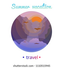 Summer evening in mountains, near mountain lake. Bird is flying and their reflection is seen in pond. Modern flat cartoons vector illustration icons.Isolated on white. Sunset in mountains.Vacation.