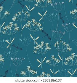 Summer evening on the lawn. Stylized grass umbrellas and dragonflies on a turquoise background. Seamless vector pattern.