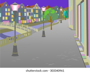 The summer evening on the riverfront area in a city.Vector illustration of the embankment in an european city with the bridge,red lamps, trees, a footpath and with buildings and a river in background.