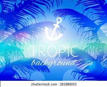 Summer evening sky background with palm tree and bokeh