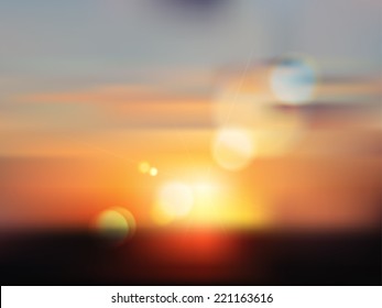 Summer evening sunset or morning sunrise. Defocused landscape in sunlight with lens flare and colorful bokeh. Vector.