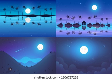 Summer evening vector banners set with polygonal landscape illustrations. Flat design