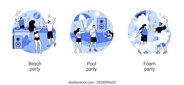 Summer event abstract concept vector illustration set. Beach party, swimming pool dance, foam party entertainment, swimming suits, bikini, dance floor, flamingo inflatable circle abstract metaphor.