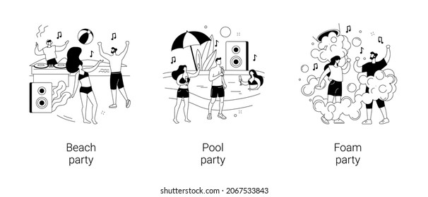 Summer event abstract concept vector illustration set. Beach party, swimming pool dance, foam party entertainment, swimming suits, bikini, dance floor, flamingo inflatable circle abstract metaphor.