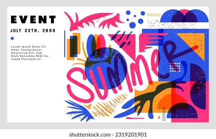 Summer Event Banner with Abstract Shapes for Print and Digital, Risograph Vector Illustration