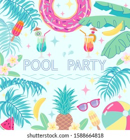 Summer event card layout with palm leaves, swimming ring, ball, cocktail, ice cream and fruits. Colorful poster or banner template for pool party. Fun holiday background vector flat illustration.
