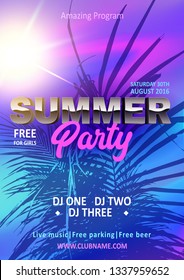 Summer event poster flyer invitation card with palm leaf, sunset, decoration. Vector illustration