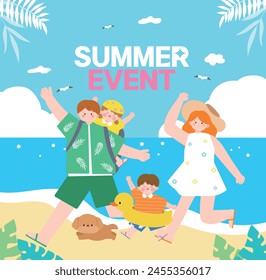 Summer Event Template With Family and Puppies Playing Excitingly on the Beach