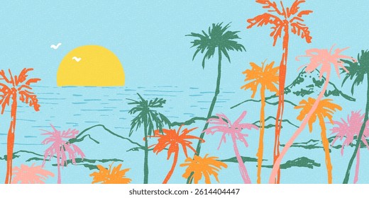 Summer exotic background. Difeerent palm leaves. Tropical foliage. design for card, cover, banner, wallpaper.