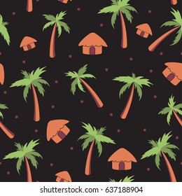 Summer exotic background with palm trees and tropic bungalow. Tropical seamless pattern. Vector illustration.