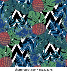 Summer exotic background with pineapple and palm leaves on zigzag. Vector template for invitation, card, poster, cover, packaging design. Jungle abstract seamless pattern.