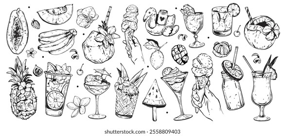 Summer exotic cocktail set, vector hand drawn doodle tropical dessert, ice cream sorbet fresh fruit. Vacation refreshment beverages, jungle beach dessert, cold lemonade glass, coconut. Summer cocktail