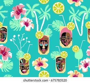 Summer exotic cocktails. Seamless vector pattern with palms, flowers and tiki cups. Ethnic textile collection.