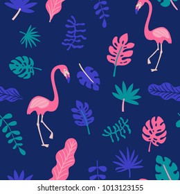 Summer exotic floral tropical palm leaves, flamingo background. Vector abstract memphis seamless pattern. Plant flower nature wallpaper