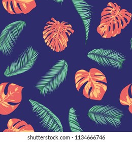 Summer Exotic Floral Tropical Palm, Philodendron Leaf. Jungle Leaf Seamless Pattern. Botanical Plants Background. Eps10 Vector. Summer Tropical Palm Wallpaper for Print, Fabric, Tile, Wallpaper, Dress