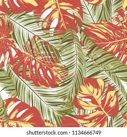 Summer Exotic Floral Tropical Palm, Philodendron Leaf. Jungle Leaf Seamless Pattern. Botanical Plants Background. Eps10 Vector. Summer Tropical Palm Wallpaper for Print, Fabric, Tile, Wallpaper, Dress