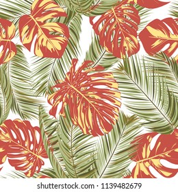 Summer Exotic Floral Tropical Palm, Philodendron Leaf. Jungle Leaf Seamless Pattern. Botanical Plants Background. Eps10 Vector. Summer Tropical Palm Wallpaper for Print, Fabric, Tile, Wallpaper, Dress