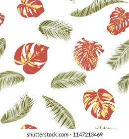 Summer Exotic Floral Tropical Palm, Philodendron Leaf. Jungle Leaf Seamless Pattern. Botanical Plants Background. Eps10 Vector. Summer Tropical Palm Wallpaper for Print, Fabric, Tile, Wallpaper, Dress