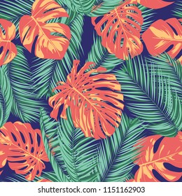 Summer Exotic Floral Tropical Palm, Philodendron Leaf. Jungle Leaf Seamless Pattern. Botanical Plants Background. Eps10 Vector. Summer Tropical Palm Wallpaper for Print, Fabric, Tile, Wallpaper, Dress